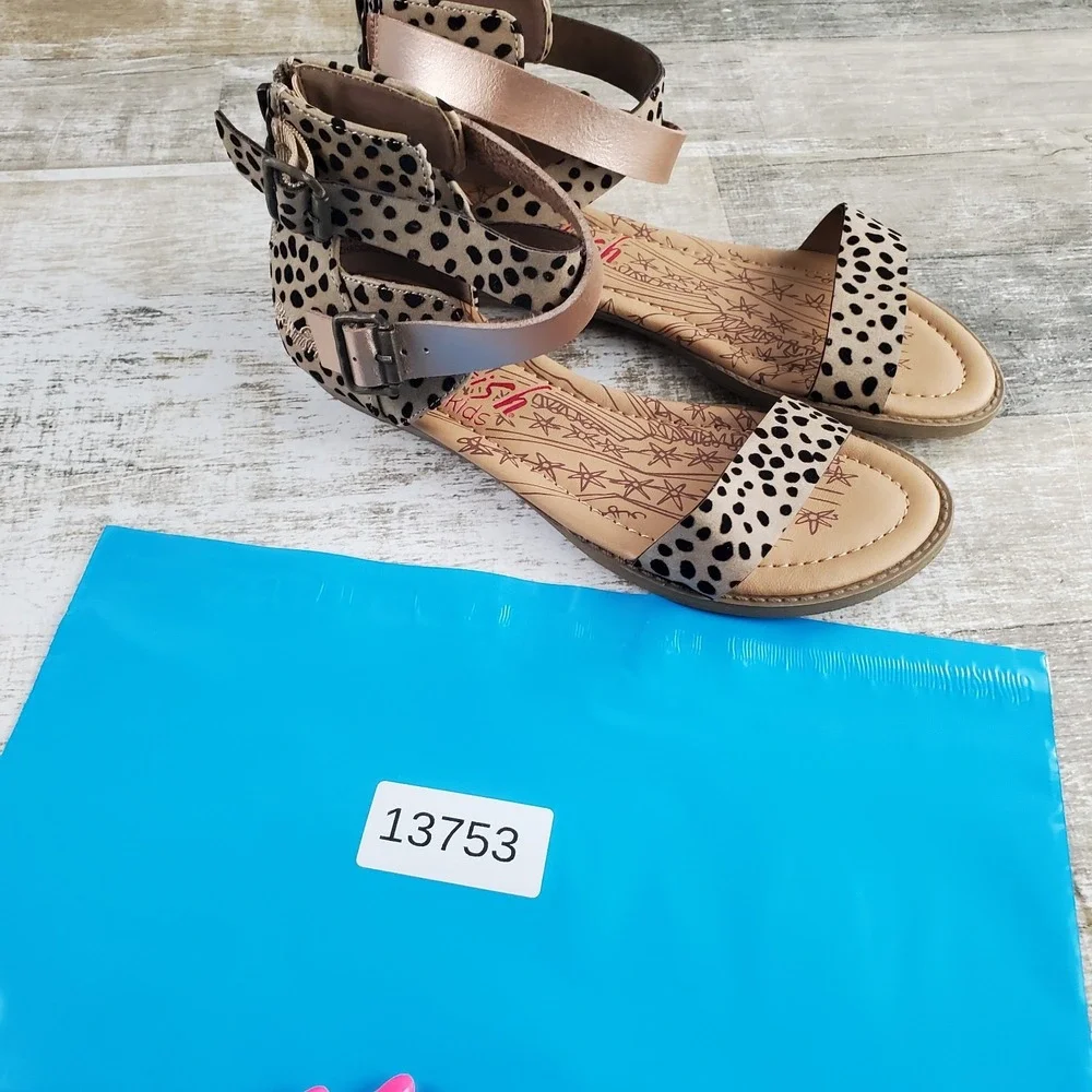 Blowfish Malibu Belia Girls Flat Sandal Sz 4 Tan Leopard Back Zip Ankle Strap